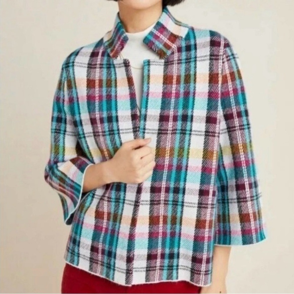 Anthropologie Rosetta Cropped Colorful Plaid Sweater Jacket Size M